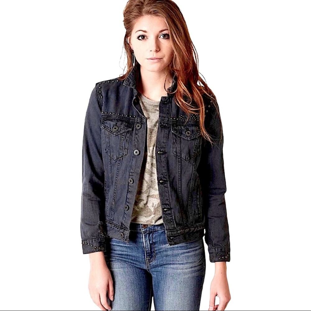 Lucky Brand Tomboy Trucker Stay Reckless Black Studded Denim Jean Jacket Small